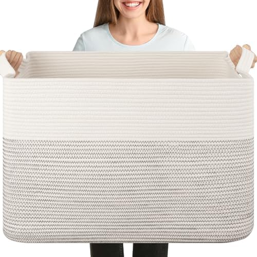 OIASKET 108L Cotton Rope Storage Basket for Living Room and Bedroom 25"x16"x16" Woven Laundry Basket, Heavy Duty Bin for Blankets, Pillows & Toys, Pet-Safe & Scratch-Free, Black and White by OIASKET