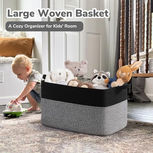 Goodpick Large Woven Rope Blanket Basket, Rectangle, Black & Gray - Image 2
