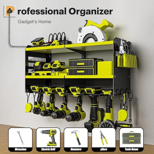 Spampur Power Tool Organizer, 15 Min Quick Assembly & Max 420lb Load by Heavy Duty Metal, 6 Slots for Cordless Drill with 4 Outlet Power Strip in Garage/Workshop/Suitable for Thanksgiving/Christmas - Image 2