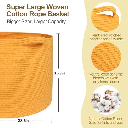 MEGASKET Extra Large 115L Orange Basket, 23.6"x15.7" Woven Cotton Rope Bins for Blankets, XXXL Baby Nursery Laundry Towel Basket, Oversized Kids Dog Toy Storage Box, Orange Living Room Decor Organizer - Image 2
