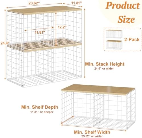 2 Pack Stackable Closet Organizers and Storage, 4 Cube Closet Shelves with Wood Top Board for Extra Clothes Storage, Small Metal Closet Shelf Organizer Bins Baskets for Sweater Sweatshirt Jeans, White - Image 2