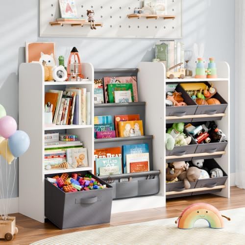 Kids Bookshelf and Toy Storage with 7 Removable Bins, 52 inch, White by IKALIFE