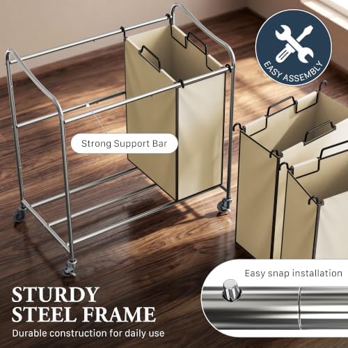 Simple Houseware Heavy Duty 3-Bag Laundry Sorter Rolling Cart, Chrome - Image 3
