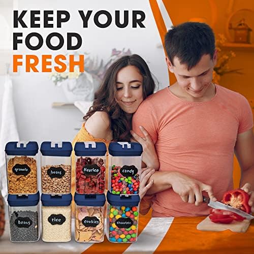Set of 8 Airtight Food Storage Containers - Pantry Organizer Bins, BPA Free Plastic Containers plus Dry Erase Marker and Labels, Navy - Image 2