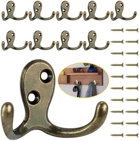 Homanu 10 Pack Antique Brass Double Prong Coat Hooks with 20 Screws by Homanu