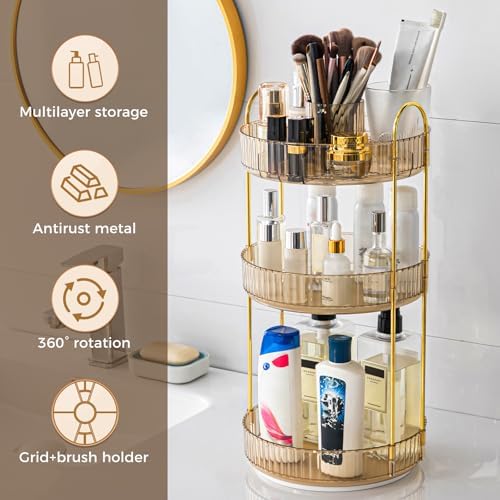 360° Rotating Makeup Organizer, Upgraded 3 Tier Skincare Perfume Organizers for Women, Bathroom Organizer Countertop, Clear Cosmetic Dresser Organizer with Makeup Brush Holder, Sink&Counter(Amber) - Image 5