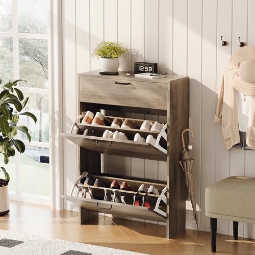 VINGLI Shoe Cabinet Storage for Entryway,Washed Grey Narrow Shoe Rack,25" W - Image 4