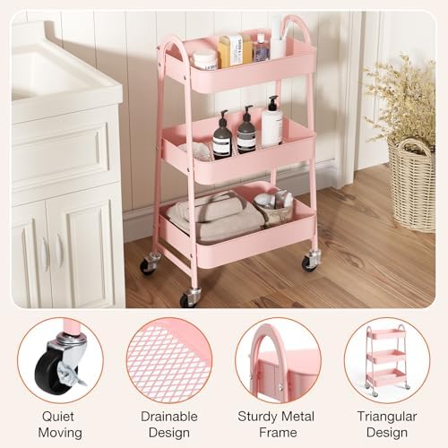 NEWBULIG 3-Shelf Metal Rolling Storage Utility Cart with Lockable Wheels - Image 2