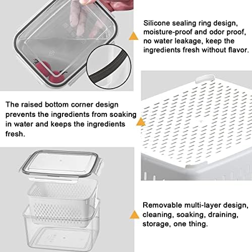 3Pack Fridge Food Storage Container Set with Lids with Strainer,Plastic Fresh Produce Saver Vegetable Fruit Meat Storage Organization, BPA-Free Plastic Produce Keepers(3.15L+1.7L+0.8L) - Image 5