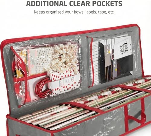 ZOBER Gift Wrapping Paper Organizer Storage - 40" Gift Wrap Storage Containers With Interior Pockets For Bows, Tags & Ribbons - Wrapping Paper Holder, Waterproof, Fits 24 Standard Rolls (Gray) - Image 4