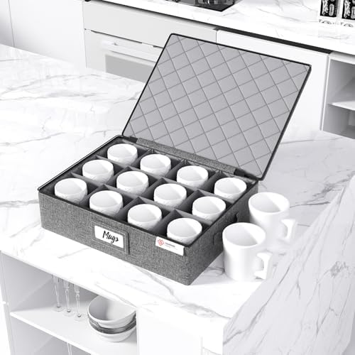 YearningHome Cup and Mug Storage Boxes with Dividers,Hard Shell Coffee Mug Organizer with Lid,Handles,Zips and Label Window for Coffee Mugs,Tea Cups,Packing and Moving,Hold 12,1 Pack, Grey - Image 5