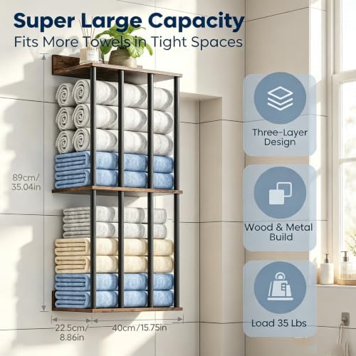 Wall Mounted Towel Rack, Wood & Metal Towel Holder for Bathroom Wall - Image 3