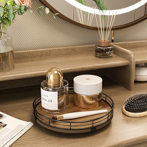 Acacia Wood 9" Bathroom Vanity Tray Turntable, Farmhouse Round Bathroom Countertop Organizer for Soap Perfume, Rotating Organizer for Kitchen Table Centerpieces, Decorative Trays for Coffee Table - Image 3