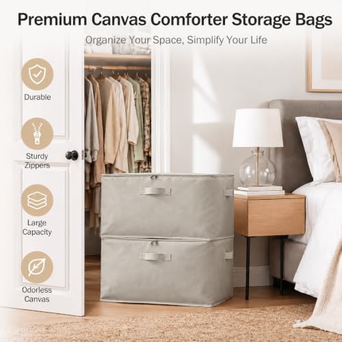 2 Pack Canvas Comforter Storage Bags for Clothes & King Comforters, Grey - Image 2