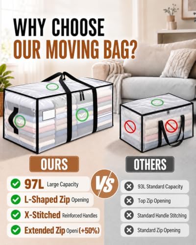 Moving Bags, 97L Heavy Duty Storage Bags Strong Handles & Zipper, 6-Pack - Image 4