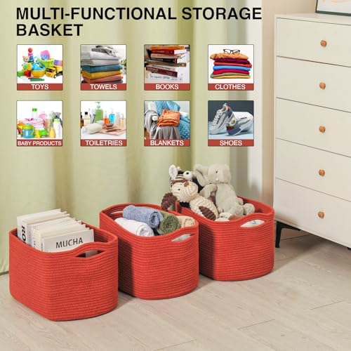 ICERZCZ Storage Baskets for Organizing, Storage Basket for Shelves, Toy Towel Basket for Bathroom Nursery, Woven Cotton Rope Baskets for Decor, 15"x11"x9.5", 3 Packs, Brick Red - Image 4