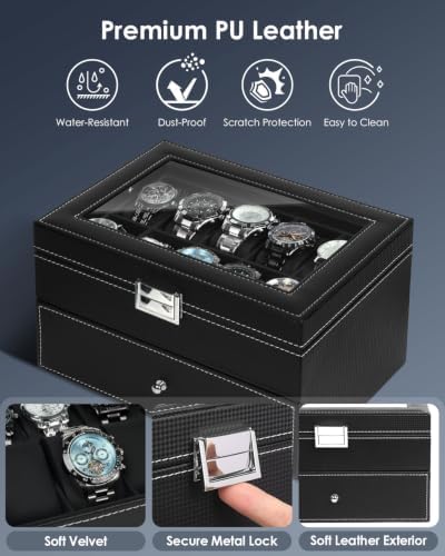 Kukikan Mens Watch Box Jewelry Organizer, 2-Layer 20-Slot Watch Case -Black - Image 6