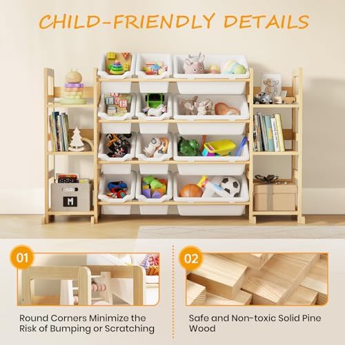 EXPERLAM Extra Large Toy Storage - Toy Storage Organizer, Wooden Toy Organizer with 6 Side Shelves and 12 Bins, 3-in-1 Bookshelf for Kids Rooms, Playroom, Nursery, White - Image 5