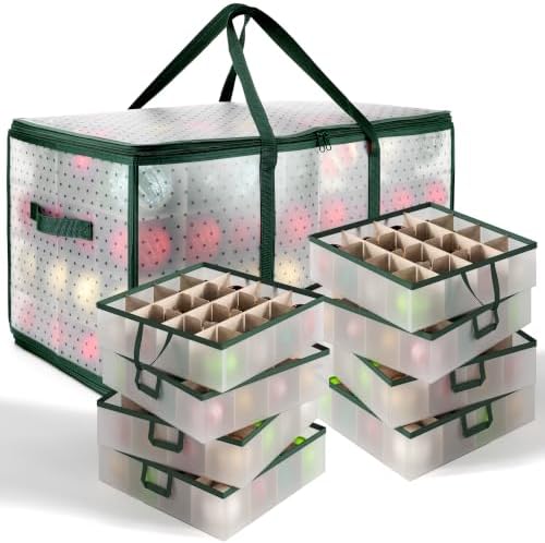 Hearth & Harbor Christmas Ornament Storage Box With 8 Inner Tray Dividers - Plastic Ornament Storage Container For 128 Holiday Ornaments or Decorations - Green by HearthHarbor