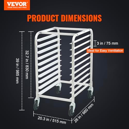 VEVOR 10-Tier Bun Pan Rack, Aluminum Racking Trolley Storage with Brake Wheels, Commercial Bakery Racks for Half & Full Sheet, Speed Rack For Kitchen Home, Bread Baking Equipment, 26"L x 20.3"W x 39"H - Image 2