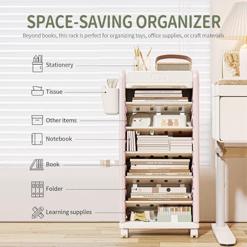 UNICOO 7-Tier Rolling Book Cart with Wheels, Mobile Bookshelf - Image 4