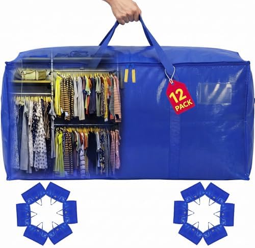 Wide-Top-Opening Moving Bags Heavy Duty,Extra Large Moving Bags for Travel/College Packing/Storage/Organization/Seasonal Clothes & Bedding Storage,Moving Supplies Bins (Blue,12Pcs) by Unknown