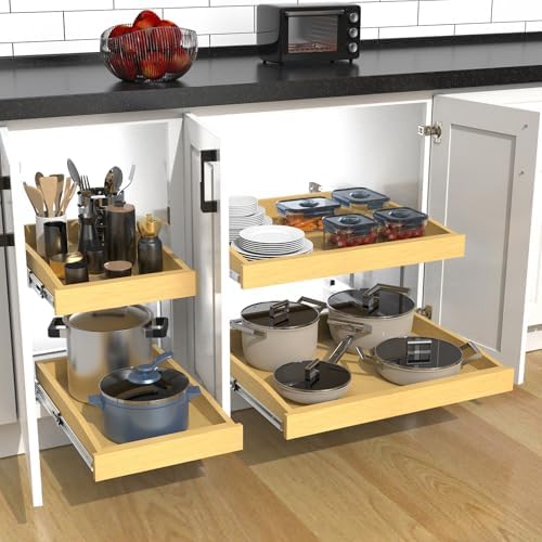 2 Tier Pull Out Cabinet Organizer, 20"W x 21"D Solid Wood Heavy-Duty Base Bottom Assembly Slide out Drawer Shel Cabinet Organization for Kitchen, Pantry, Bathroom - Image 6