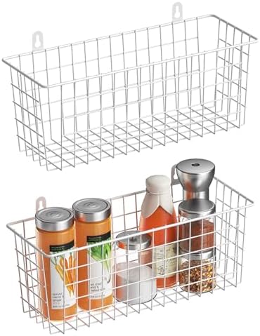 MaraFansie [Extra Large Wire Basket 2-Pack Hanging Wall Organizer Cabinet Storage Basket Wall Mounted Shelves Rustic Farmhouse Decor for Home Kitchen Bathroom, White by MakeStorageMoreFun