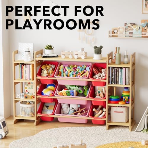 SpaceAid Large Toy Storage Organizer 9 Shelves 9 Bins, Toy Organizers Storage Bookshelf, Kids Bin Shelf Toys Box Bookcase for Bedroom Playroom Organization Room Decor, Red and Pink - Image 5