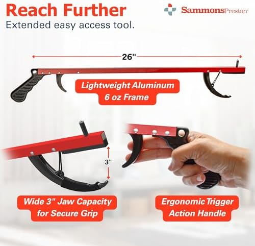 Sammons Preston Reacher, 26" Lightweight Grabber Reacher Tool with Magnetic Tip, Ergonomic Grip & Claw Jaw, Portable Reaching Aid for Seniors, Daily Living & Home Use, Standard Red,3 pack - Image 2
