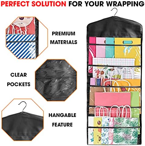 Gift Bag and Tissue Paper Storage, Hanging Organizer with Multiple Front and Back Pockets Double Sided, Organize Gift Wrap and Paper Bags 38 x 16 Inch (Full Black) - Image 2