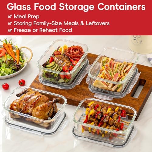 4 Pack 8 Cups/ 63oz Large Glass Storage Containers with Lids, Meal Prep Containers, Glass Food Storage with Airtight Lid for Baking, Leak Proof & Microwave, Oven Safe (4 Containers + 4 Lids) - Image 5