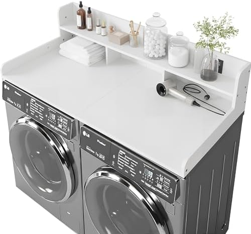Washer Dryer Countertop with Shelf, 2-Tier Laundry Countertop Over Washer and Dryer, 54" x 27.55" Wooden Table for Folding Clothes for Laundry Room Organization and Storage (Milky) by HMAZAE
