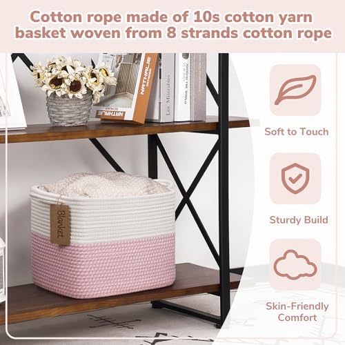 Goodpick Woven Rope Storage Basket for Shelves, Rectangle, Pink & White - Image 4