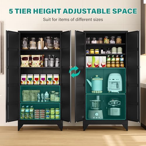SISESOL Pantry Storages Cabinet with 2 Doors and 5 Shelves,Tall Storage Cabinet,Large Cupboard Closet,Metal Storage Cabinet for Home,Bathroom,Dining/Living Room (Black, 71" H) - Image 5