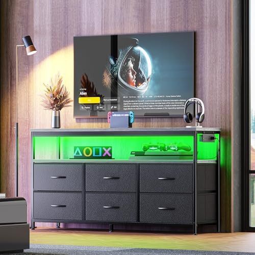 Huuger LED TV Stand for Bedroom, 47 Inch Dresser TV Stand for 43, 50, 55 Inch TV, Grey Black TV Stand with Storage, Entertainment Center with Power Outlets, 6 Drawer Fabric Dresser for Living Room by Huuger