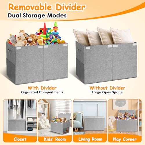 Large Toy Storage Box with Lid Upgraded Toy Chest Organizer with Removable PP Divider Foldable Toy Bin for Kids Boys Girls Linen Fabric Toy Box for Playroom Nursery Bedroom (25"x13"x16") - Image 5
