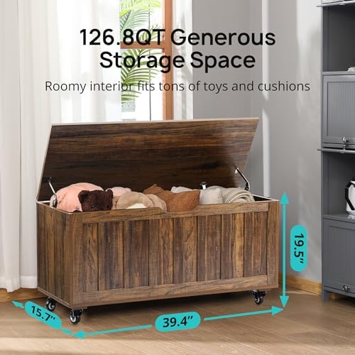 HYZ Storage Chest, 39.4'' Wooden Storage Bench with 4 Wheels & 2 Safety Hinges, Retro Toy Box Support 300 lbs for Bedroom, Living Room, Easy Assembly, Vintage Brown - Image 2