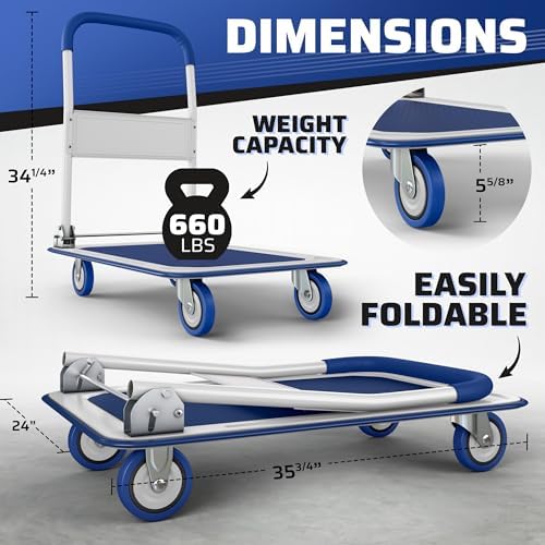 Heavy Duty Foldable Push Cart Dolly | 660 lbs. Capacity | Upgraded Collapsible Hand Truck Folding Platform with Swivel Wheels | Flat Bed Moving Wagon | Space Saving Push Handle (Blue) - Image 2