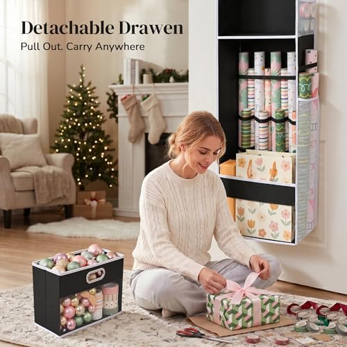 Ordovibe Wrapping Paper Storage Organizer, Over The Door Gift Wrap Holder with Removable Drawer & Side Mesh Pockets – Space Saving Closet Organizer for Christmas, Halloween, Birthday Rolls Supplies Black - Image 3