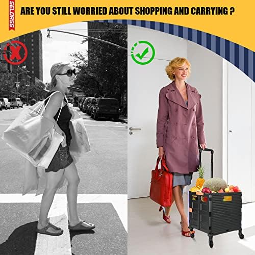 Foldable Utility Cart Portable Rolling Crate Handcart Shopping Trolley Collapsible Tool Box with Rotate Wheels Durable Duty Plastic Telescoping Handle Lid for Travel Move Office School(Purple) - Image 2
