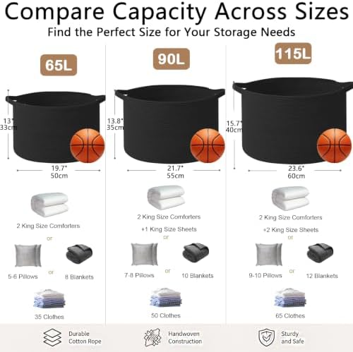 65L Large Blanket Basket,Woven Rope Laundry Basket-Black - Image 2