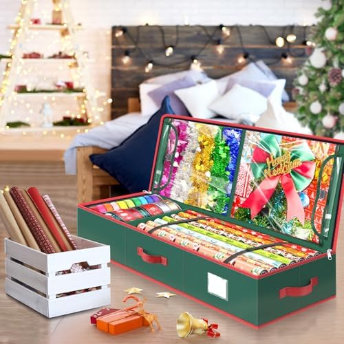 BlessedSeason Wrapping Paper Storage Organizer for 40 Inch Christmas Gifts Wrapping Paper, 2 Visible Supplies Pockets for Holiday Accessories, Christmas Decoration Storage Containers, Green - Image 7