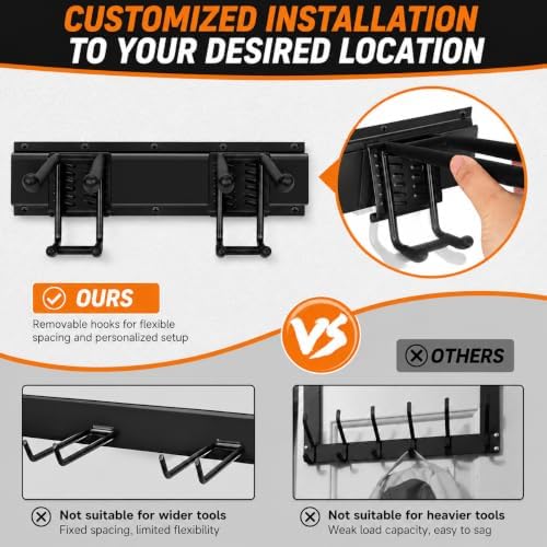 Garage Tool Organizer Wall Mount, Heavy Duty 48 Inch Garage Storage System with Adjustable Hooks, Garden Tool Rack for Shovel Rake Broom Snowboard Shed Organization - Image 4