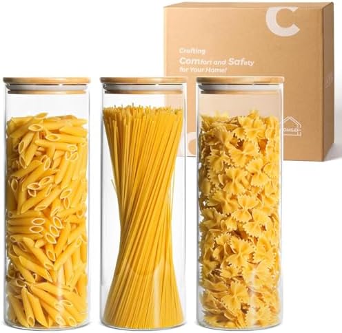ComSaf Pasta Containers Storage 2 Qt, Spaghetti Container, 3 Pack Glass Jar by ComSaf