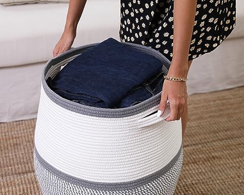 26"x20" Cottonphant Extra Large Tall Woven Laundry Basket with Lid, Cotton Rope Blanket Storage Basket, Freestanding Decorative Bin for Bedroom Living Room, Grey & Dark Grey - Image 5