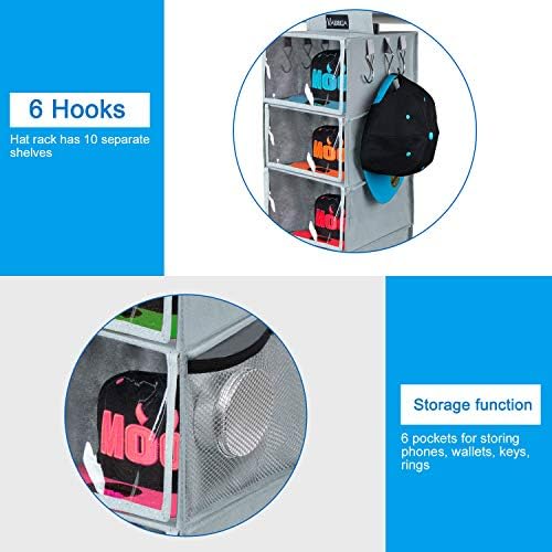 VAESIDA Hat Rack - 10 Shelf Upgraded Version Hat Organizer for Closet with Dust Shield & Side Mesh Storage Pockets - Hat Holder & Hat Racks for Baseball Caps - Image 4