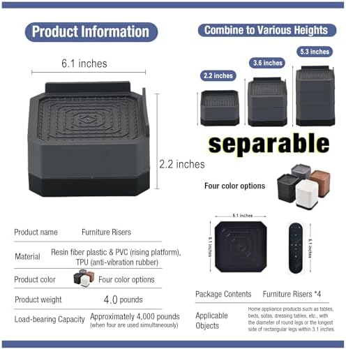 EclatBain Adjustable Bed Risers 3.6&5.3 Inch, 4000 lbs, 4 Large Pack Black - Image 2
