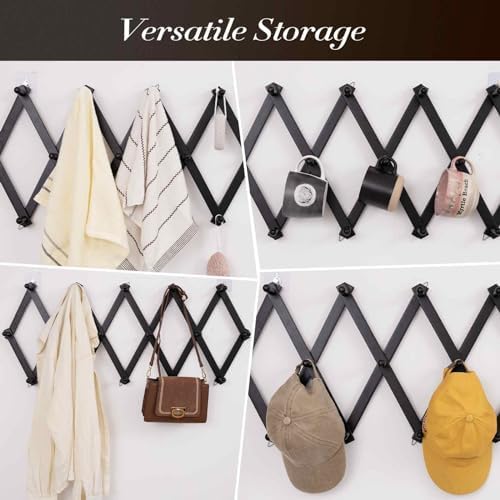 SCUNDA Accordion Wall Hanger with 16 Hooks, Wooden Wall Expandable Coat Rack for Coat, Hats, Baseball Caps, Coffee Mug, Jewelry(Black) - Image 3