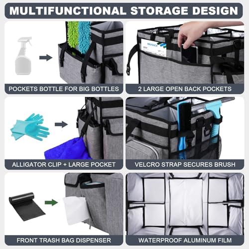 Extra Large Cleaning Caddy Bag with Rigid Support Board, Cleaning Organizer Tote with Detachable Divider, Adjustable Shoulder Strap & Waist Belt, Cleaning Supply Carrier for Cleaners & Housekeepers - Image 2